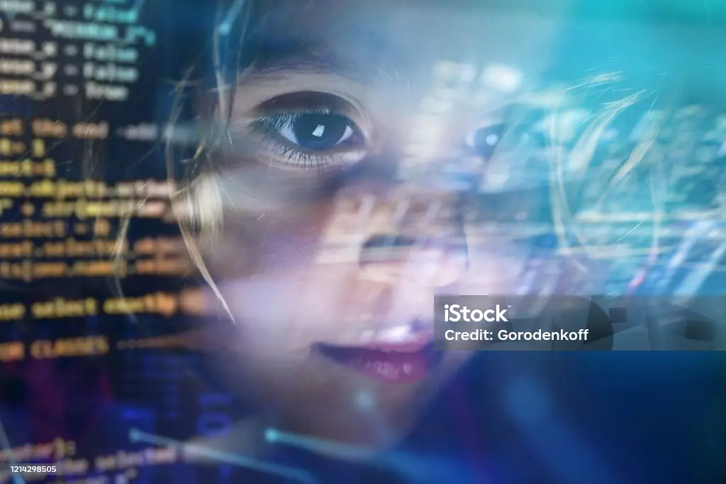 Digital code overlaid on a child's face, representing online risk awareness